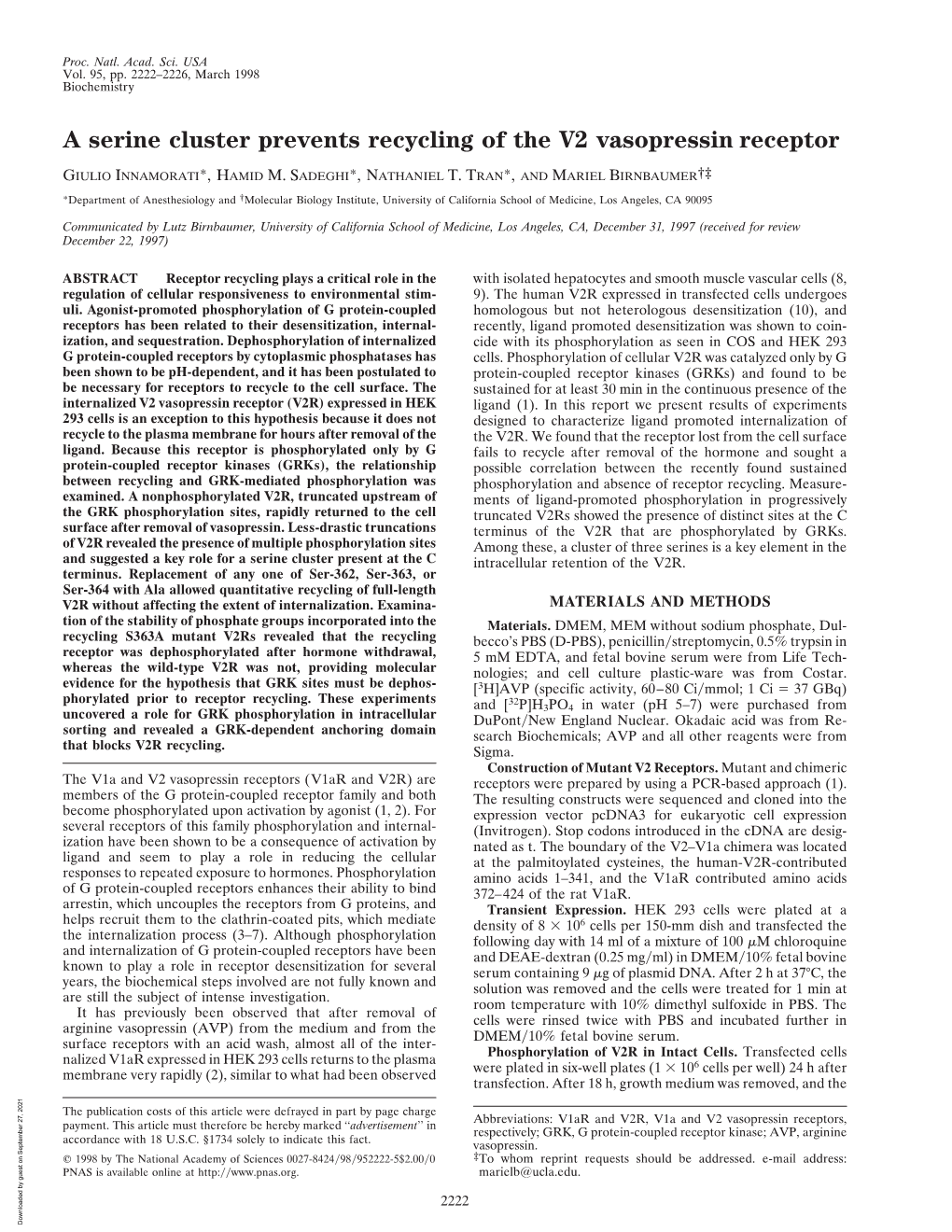 A Serine Cluster Prevents Recycling of the V2 Vasopressin Receptor