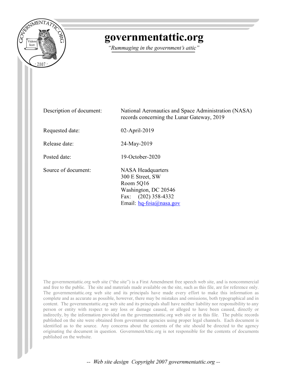 NASA) Records Concerning the Lunar Gateway, 2019