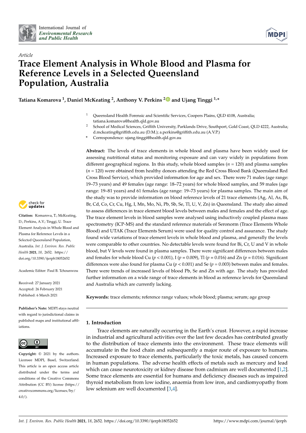 Trace Element Analysis in Whole Blood and Plasma for Reference Levels in a Selected Queensland Population, Australia