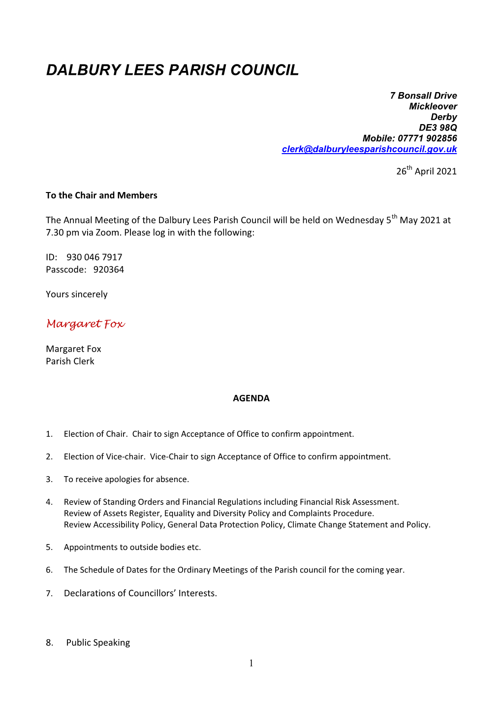 Agenda, Annual Parish Council Meeting 2021 05 05