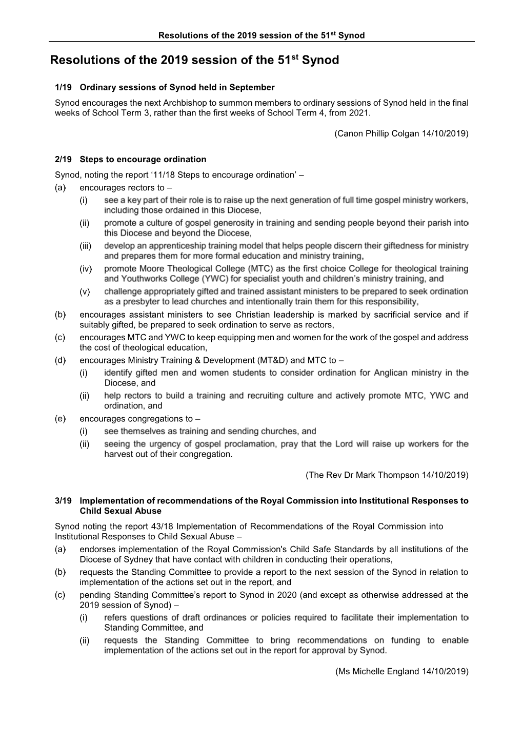 Resolutions of the 2019 Session of the 51St Synod