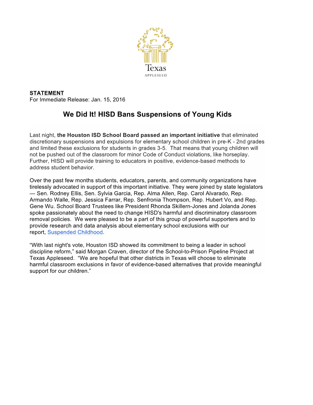 HISD Bans Suspensions of Young Kids