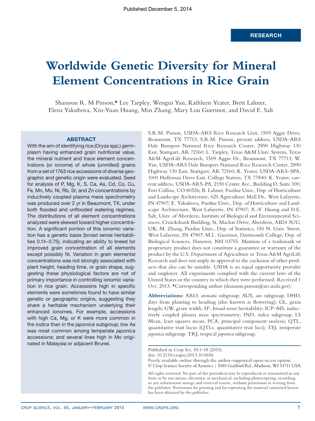 Worldwide Genetic Diversity for Mineral Element Concentrations in Rice Grain