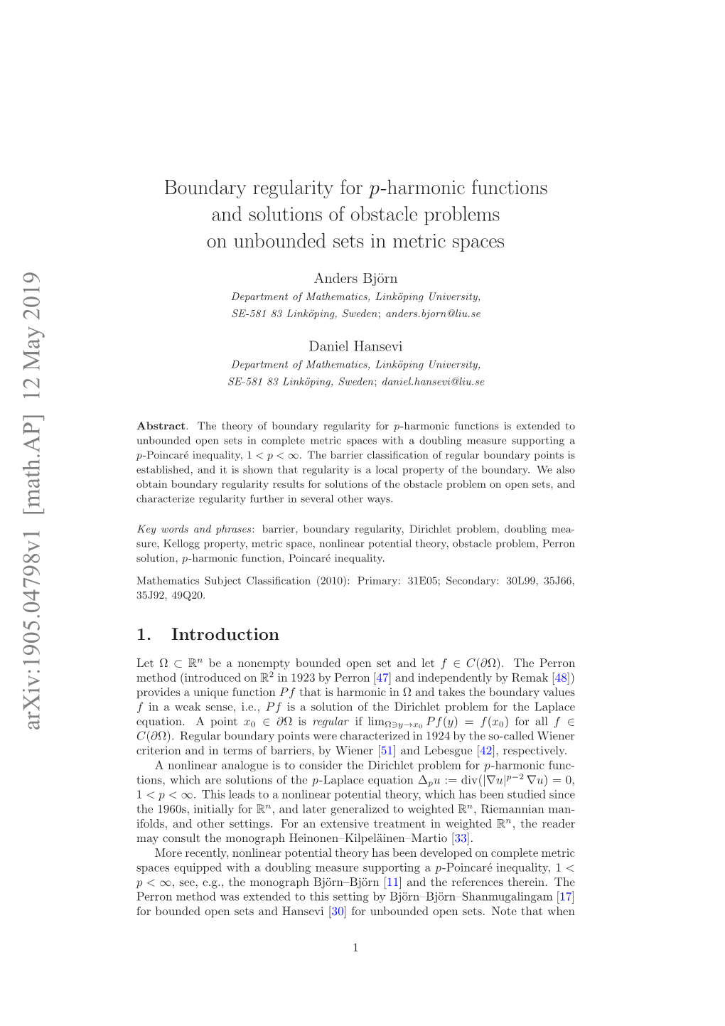 Boundary Regularity for P-Harmonic Functions and Solutions of Obstacle Problems on Unbounded Sets in Metric Spaces