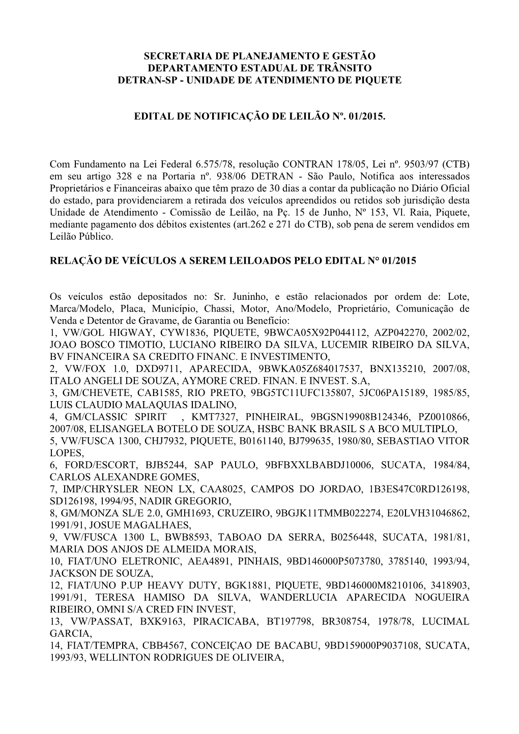 Secretaria De Planejamento E Gestão Departamento Estadual De Trânsito Detran-Sp - Unidade De Atendimento De Piquete