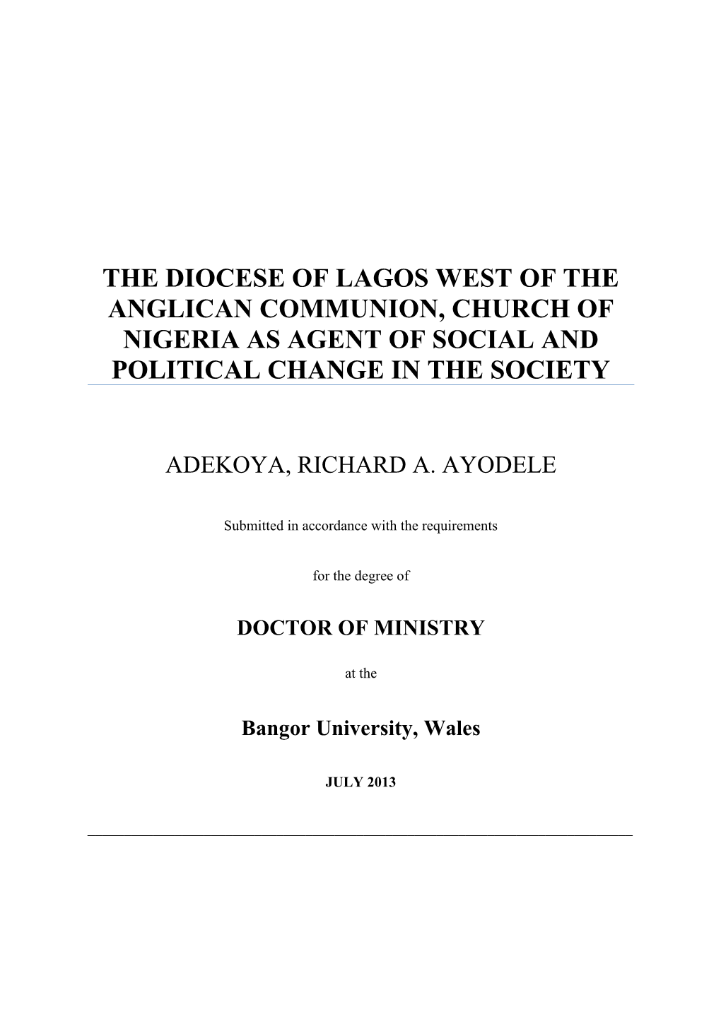 The Diocese of Lagos West of the Anglican Communion, Church of Nigeria As Agent of Social and Political Change in the Society