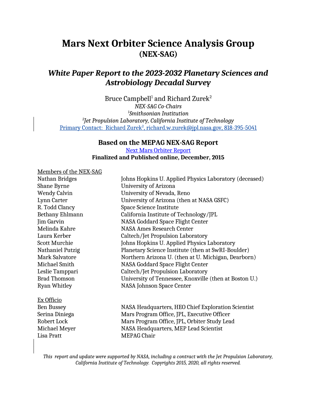 Mars Next Orbiter Science Analysis Group (NEX-SAG)