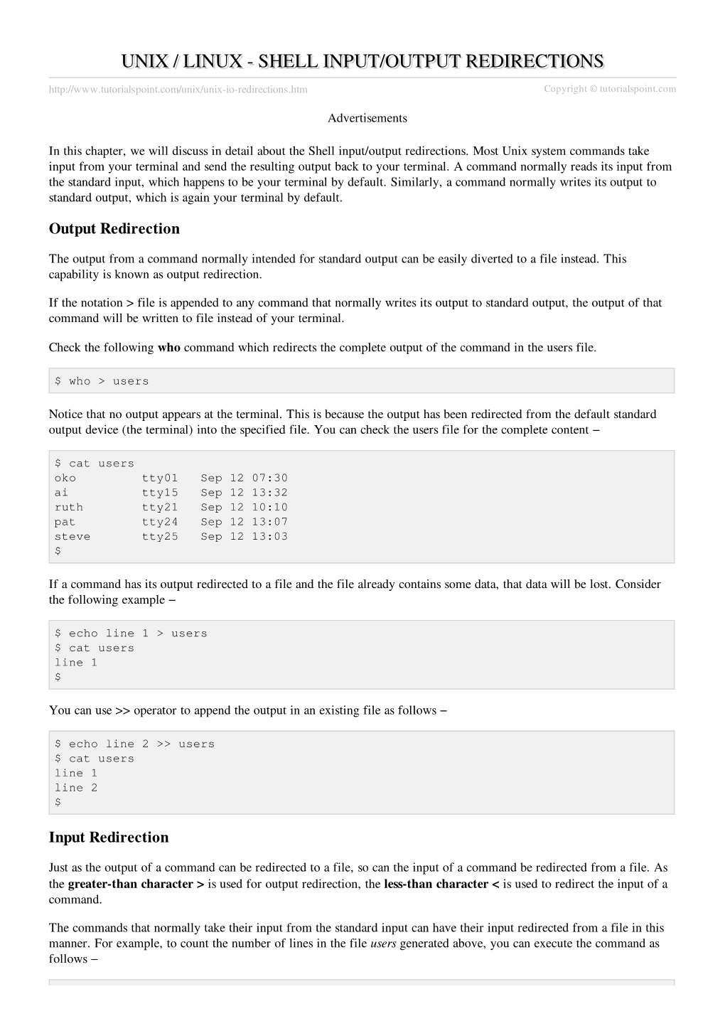 Unix / Linux Shell Input/Output Redirections