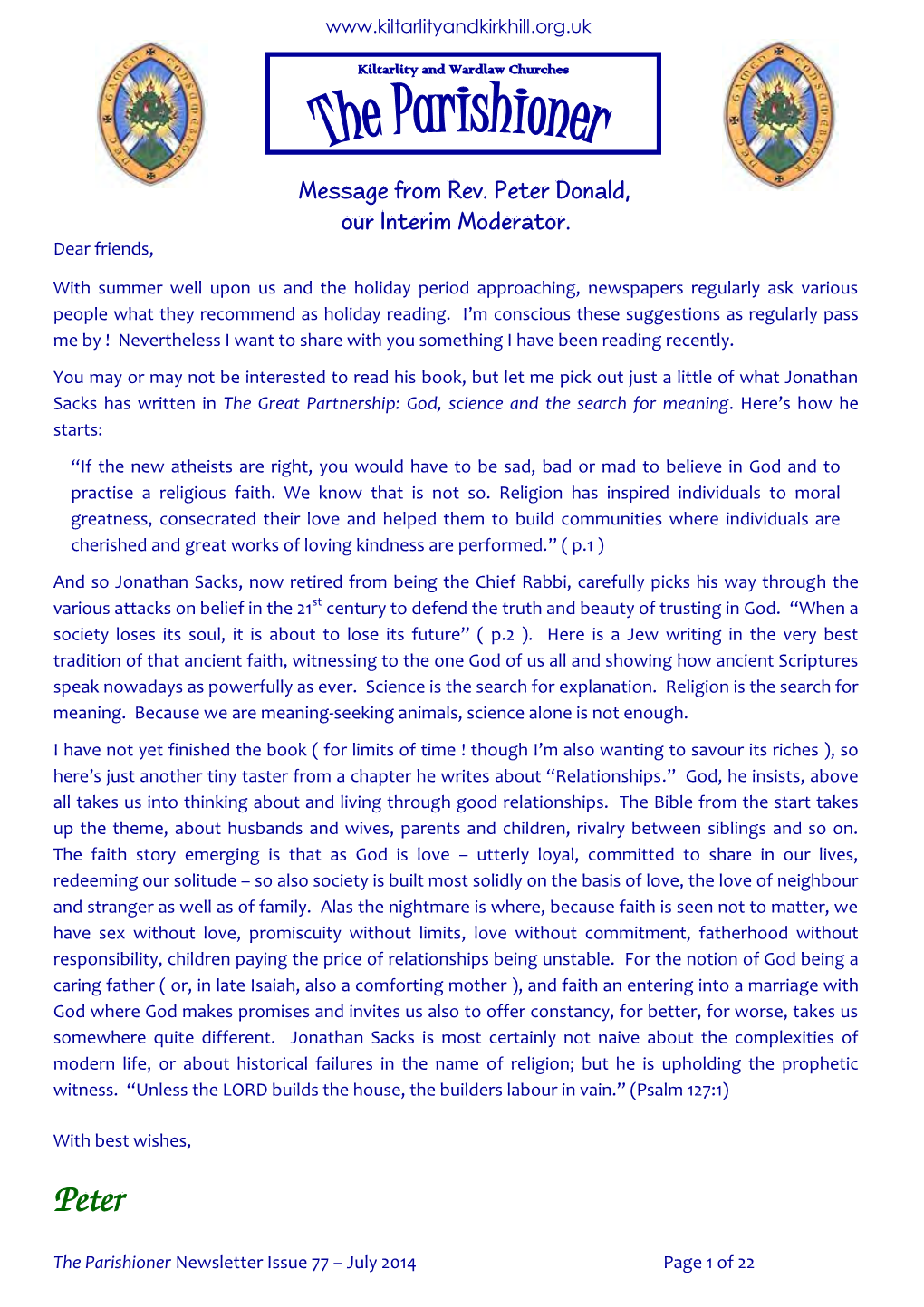 Message from Rev. Peter Donald, Our Interim Moderator. Dear Friends