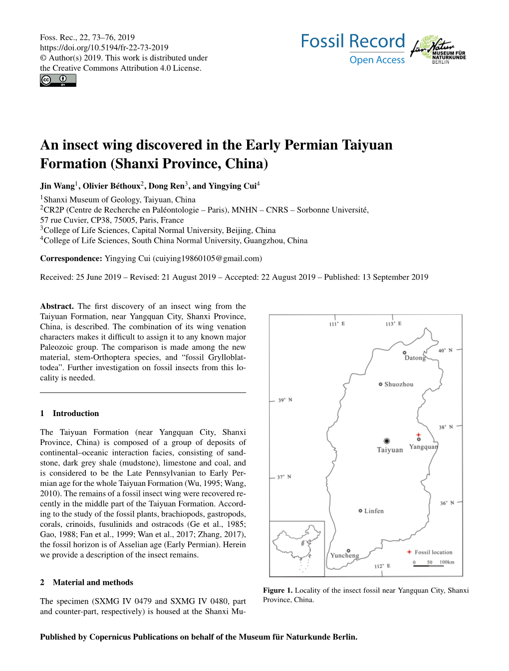 An Insect Wing Discovered in the Early Permian Taiyuan Formation (Shanxi Province, China)