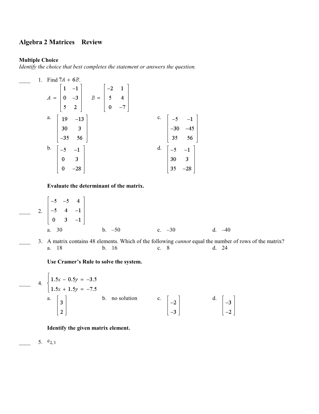 Algebra 2 Matrices Review