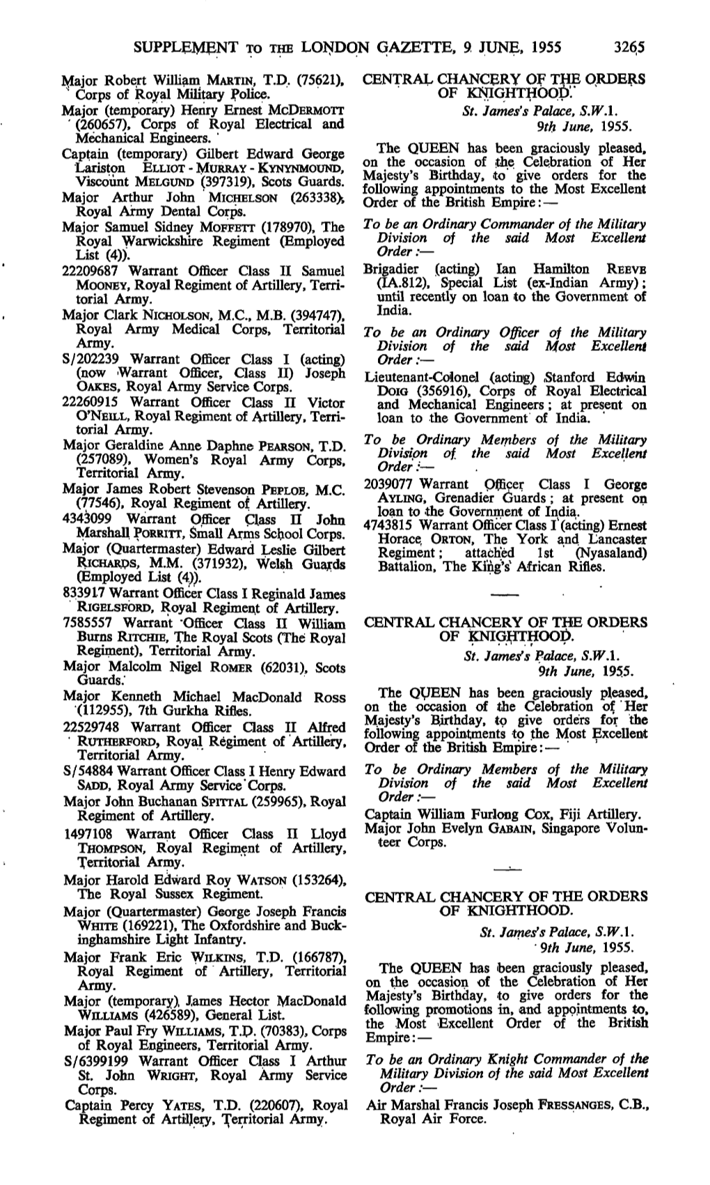 Supplement to the London Gazette, 9 June, 1955 3265