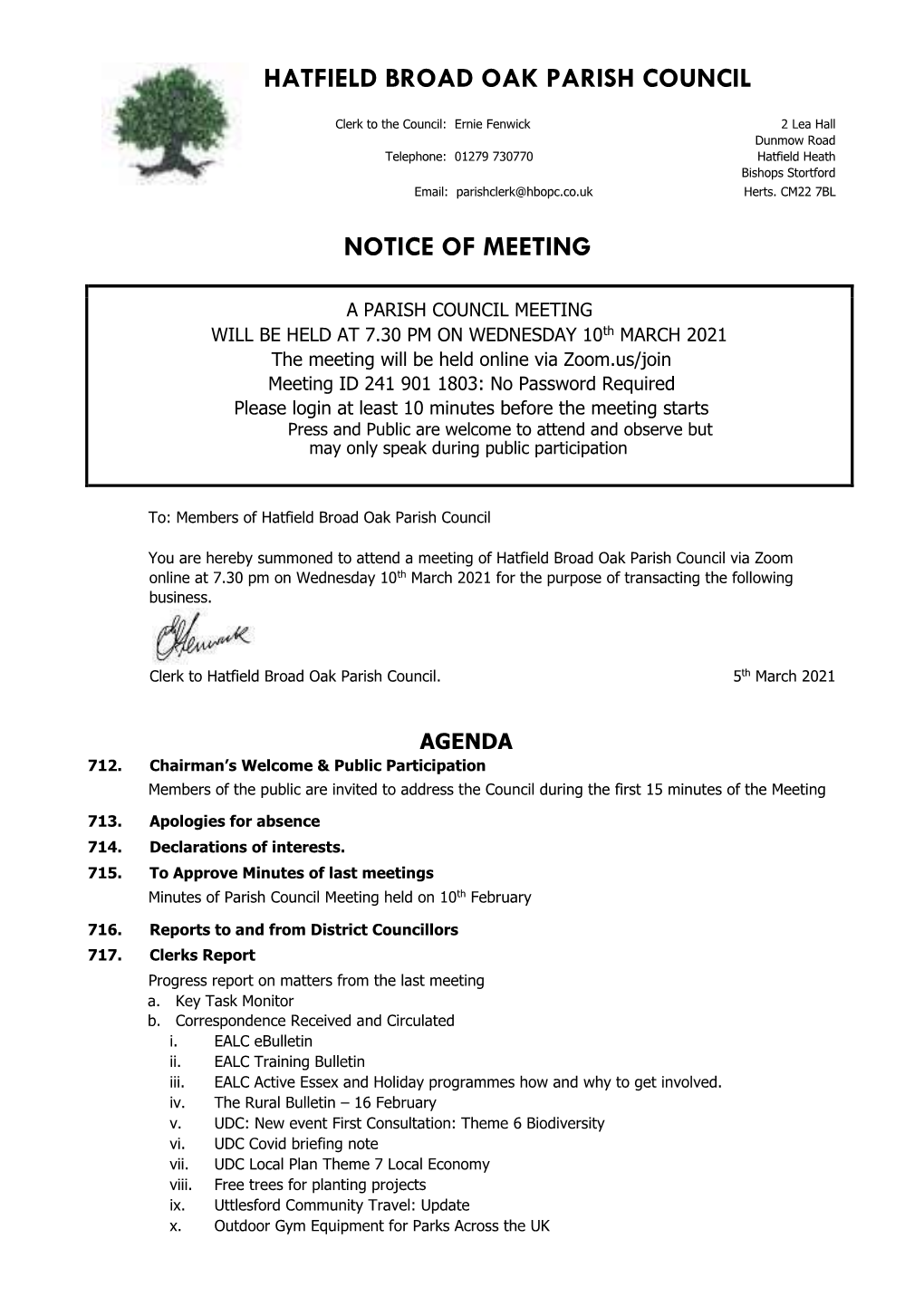 Hatfield Broad Oak Parish Council Notice of Meeting