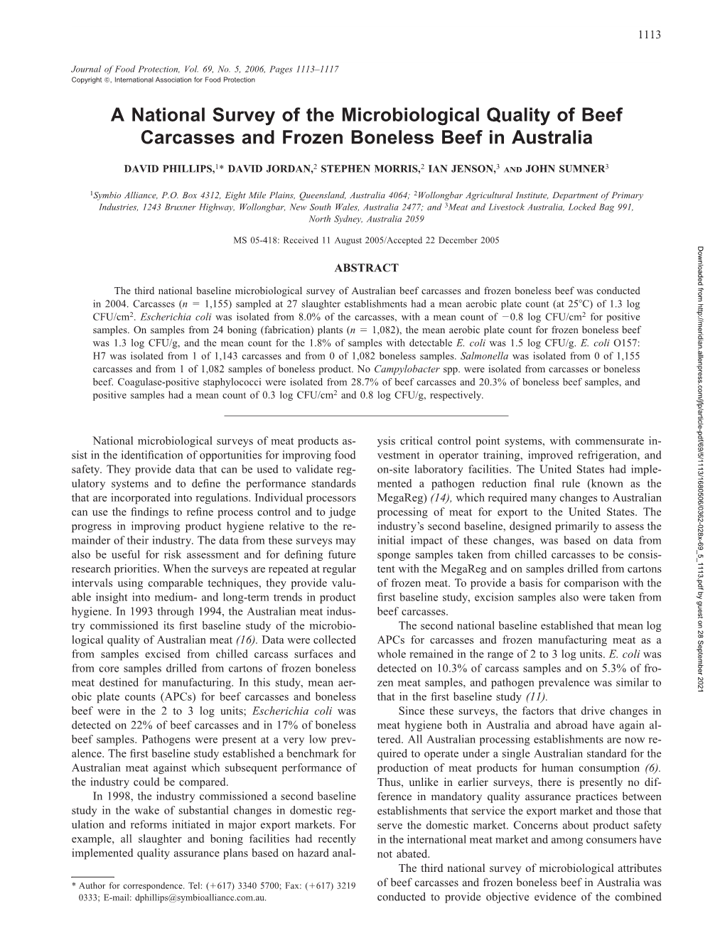 A National Survey of the Microbiological Quality of Beef Carcasses and Frozen Boneless Beef in Australia