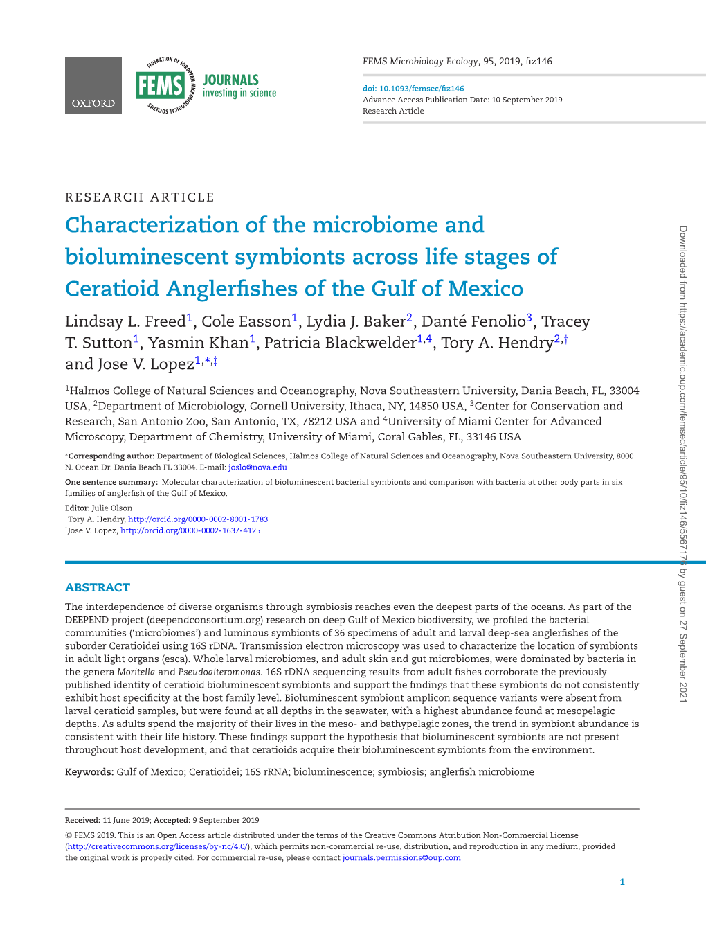 Characterization of the Microbiome and Bioluminescent Symbionts Across Life Stages of Ceratioid Anglerfishes of the Gulf of Mexico