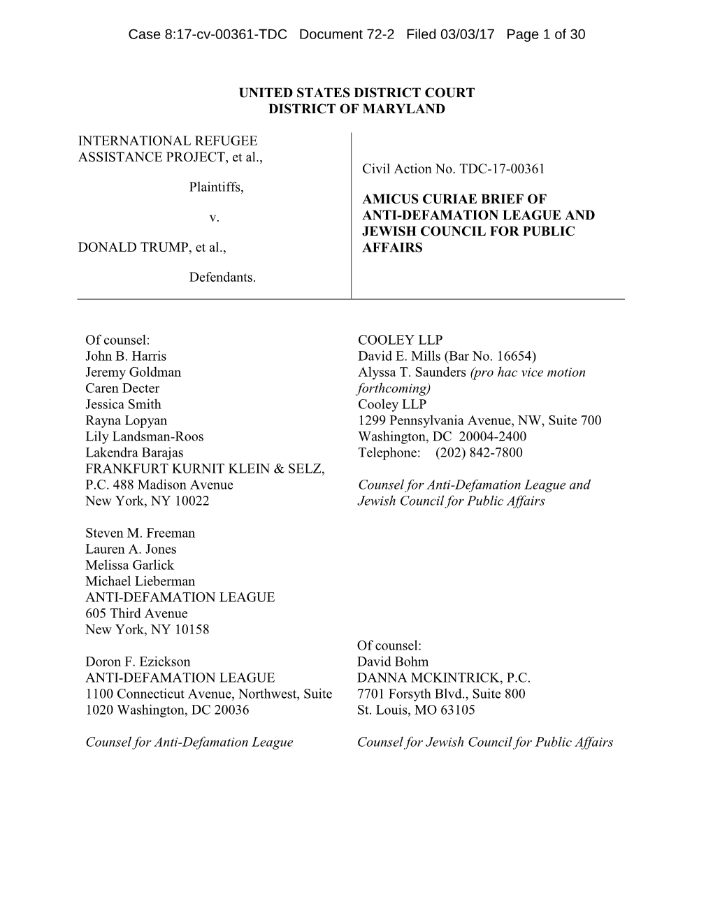 Amicus Curiae Brief of Anti-Defamation League And