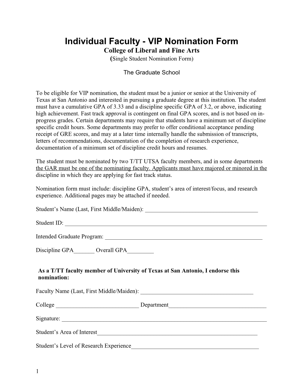 Individual Faculty - VIP Nomination Form