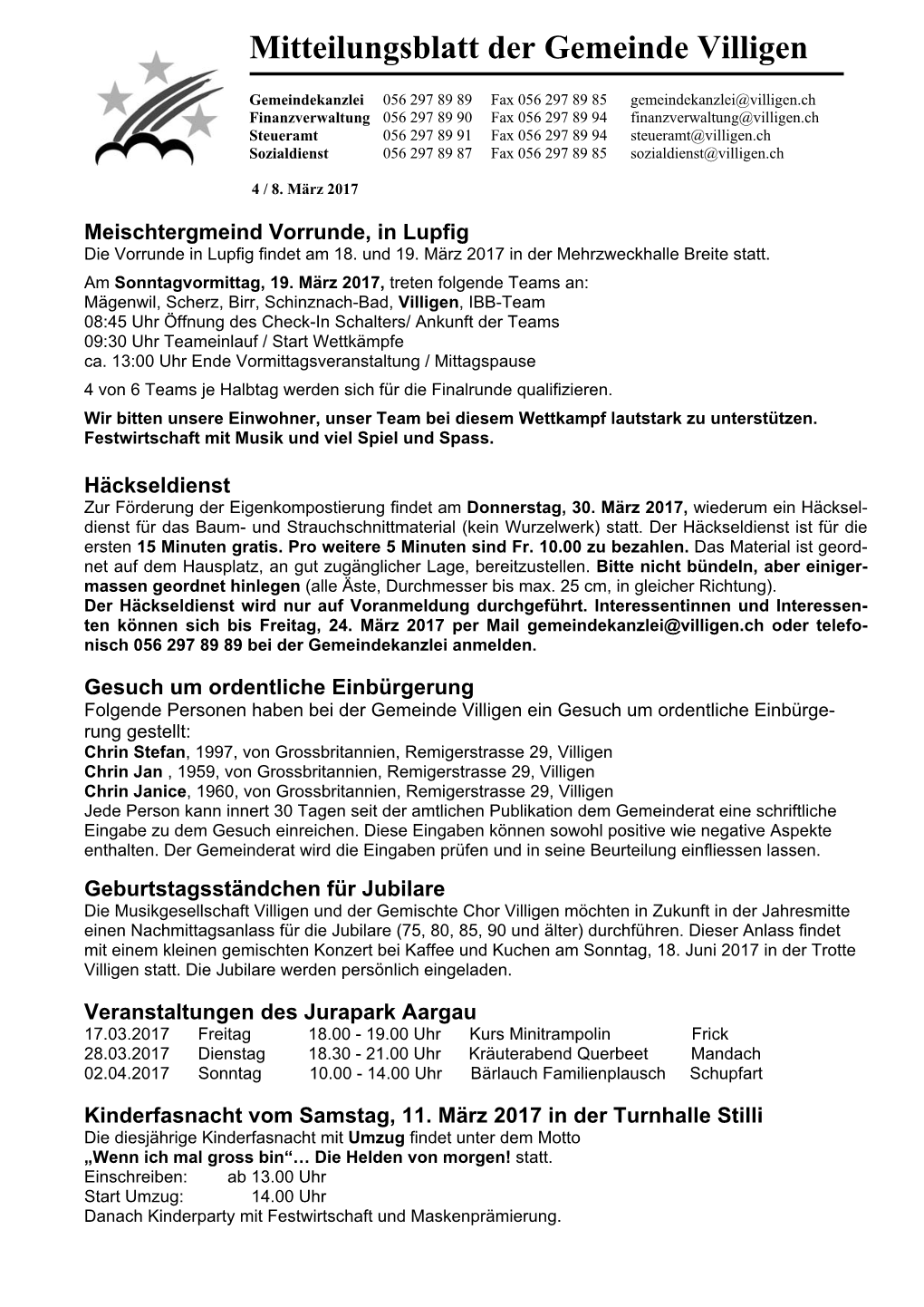 Mitteilungsblatt Der Gemeinde Villigen