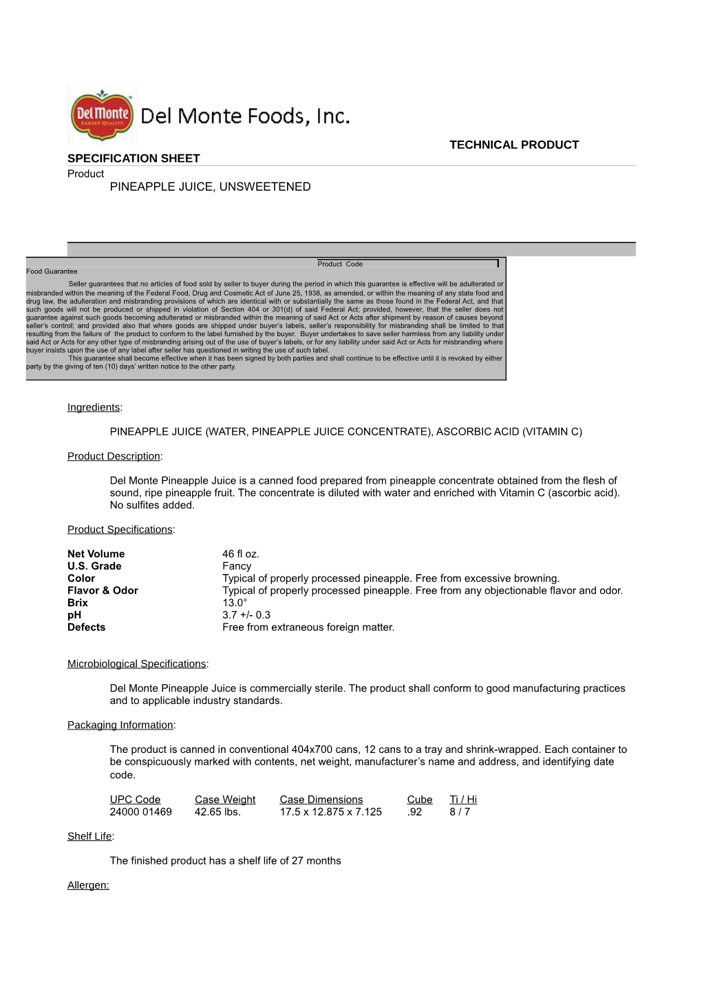 Technical Product Specification Sheet