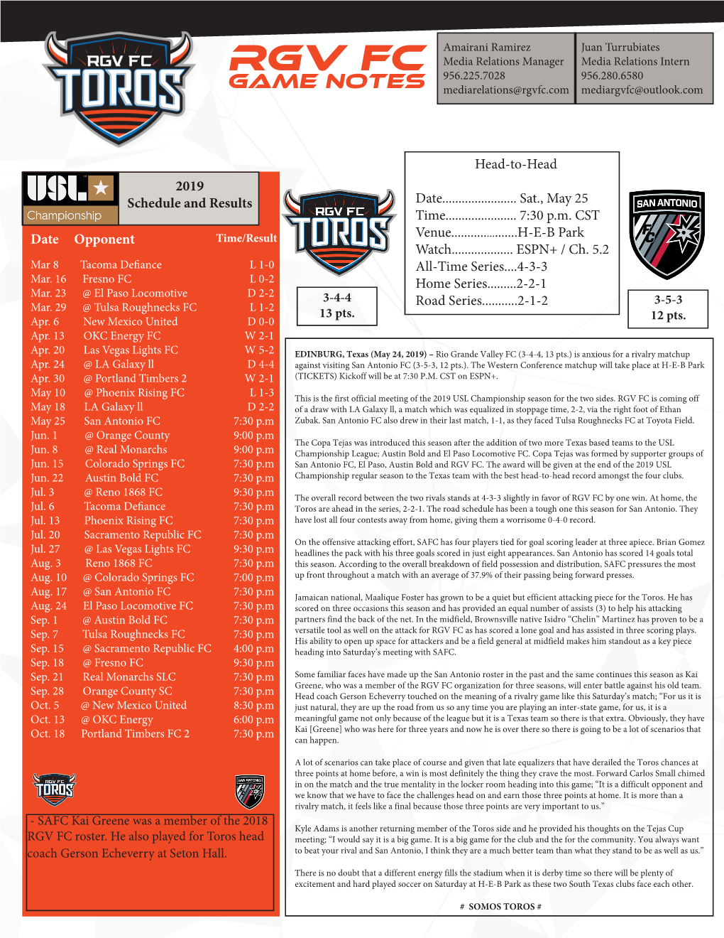 RGV FC 956.225.7028 956.280.6580 GAME NOTES Mediarelations@Rgvfc.Com Mediargvfc@Outlook.Com