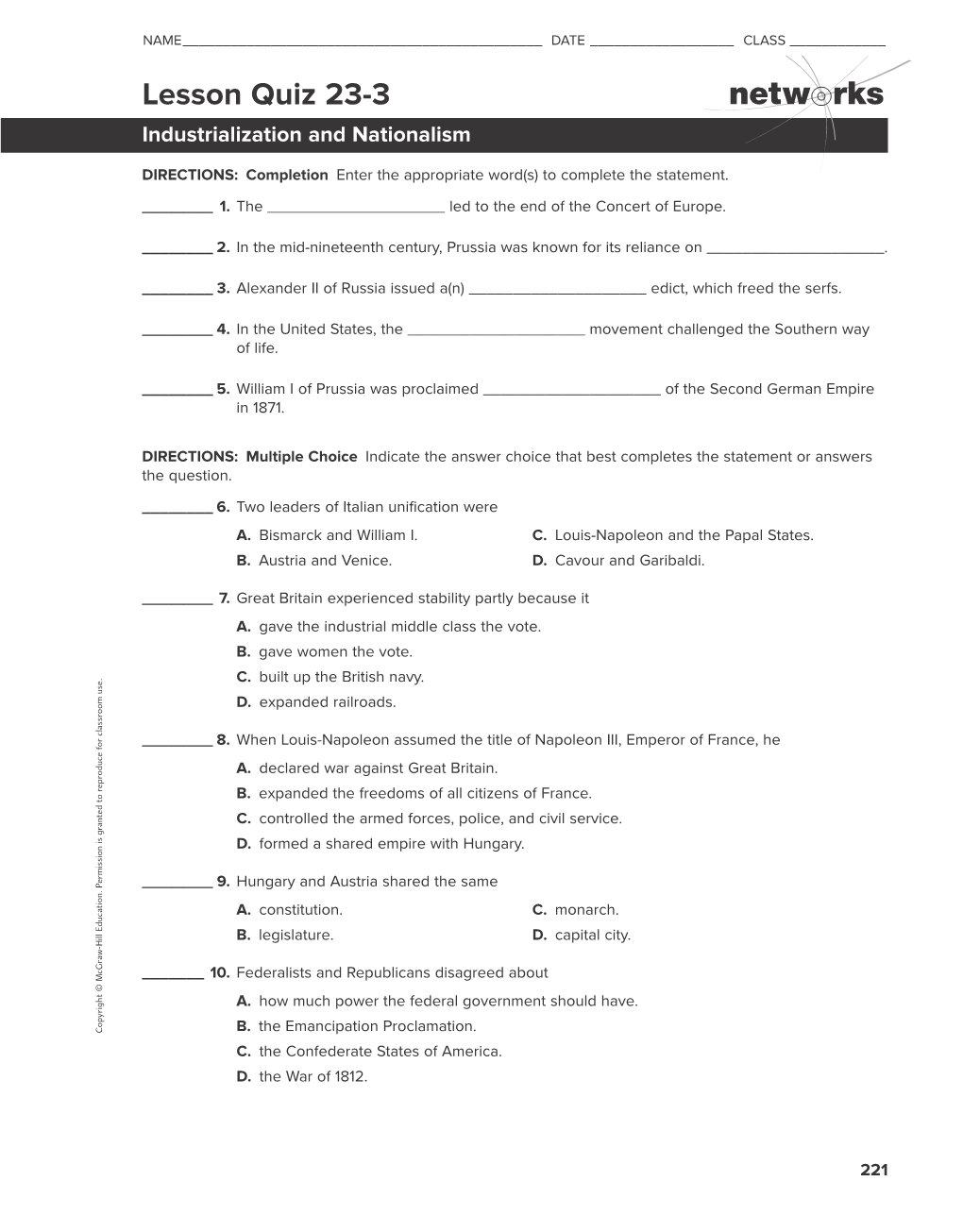 Lesson Quiz 23-3 Industrialization and Nationalism