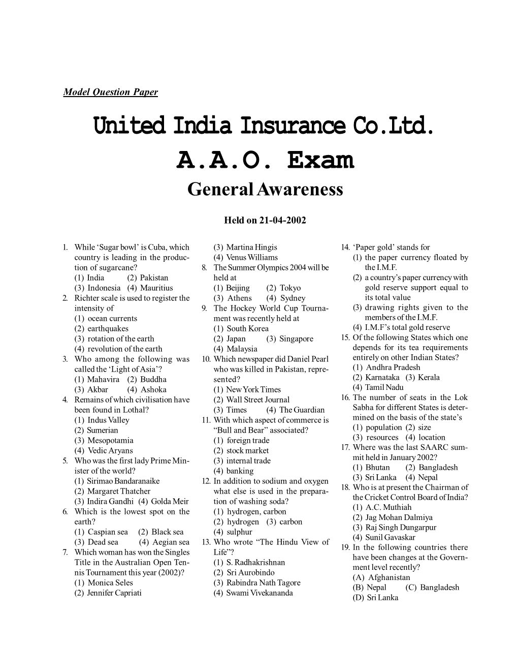 United India Insurance Co.Ltd. A.A.O. Exam General Awareness