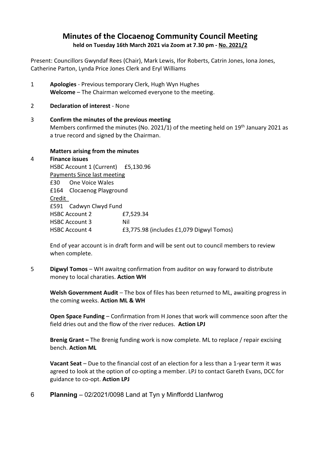 Minutes of the Clocaenog Community Council Meeting Held on Tuesday 16Th March 2021 Via Zoom at 7.30 Pm - No