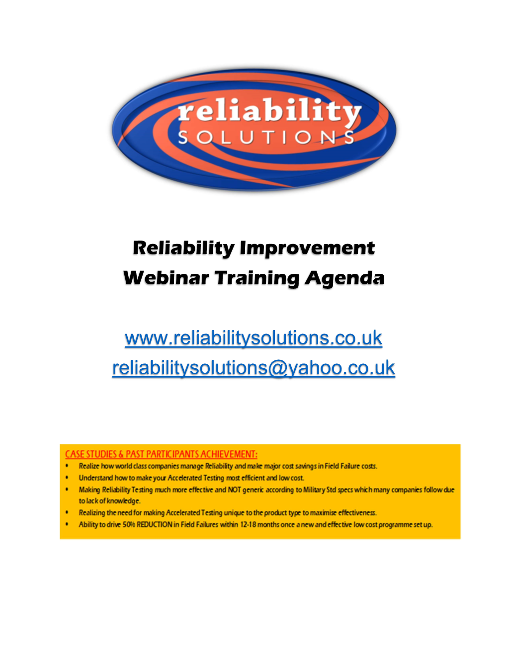 Reliability Improvement Webinar Training Agenda Www