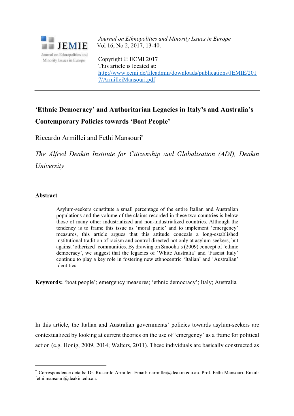 'Ethnic Democracy' and Authoritarian Legacies in Italy's and Australia's