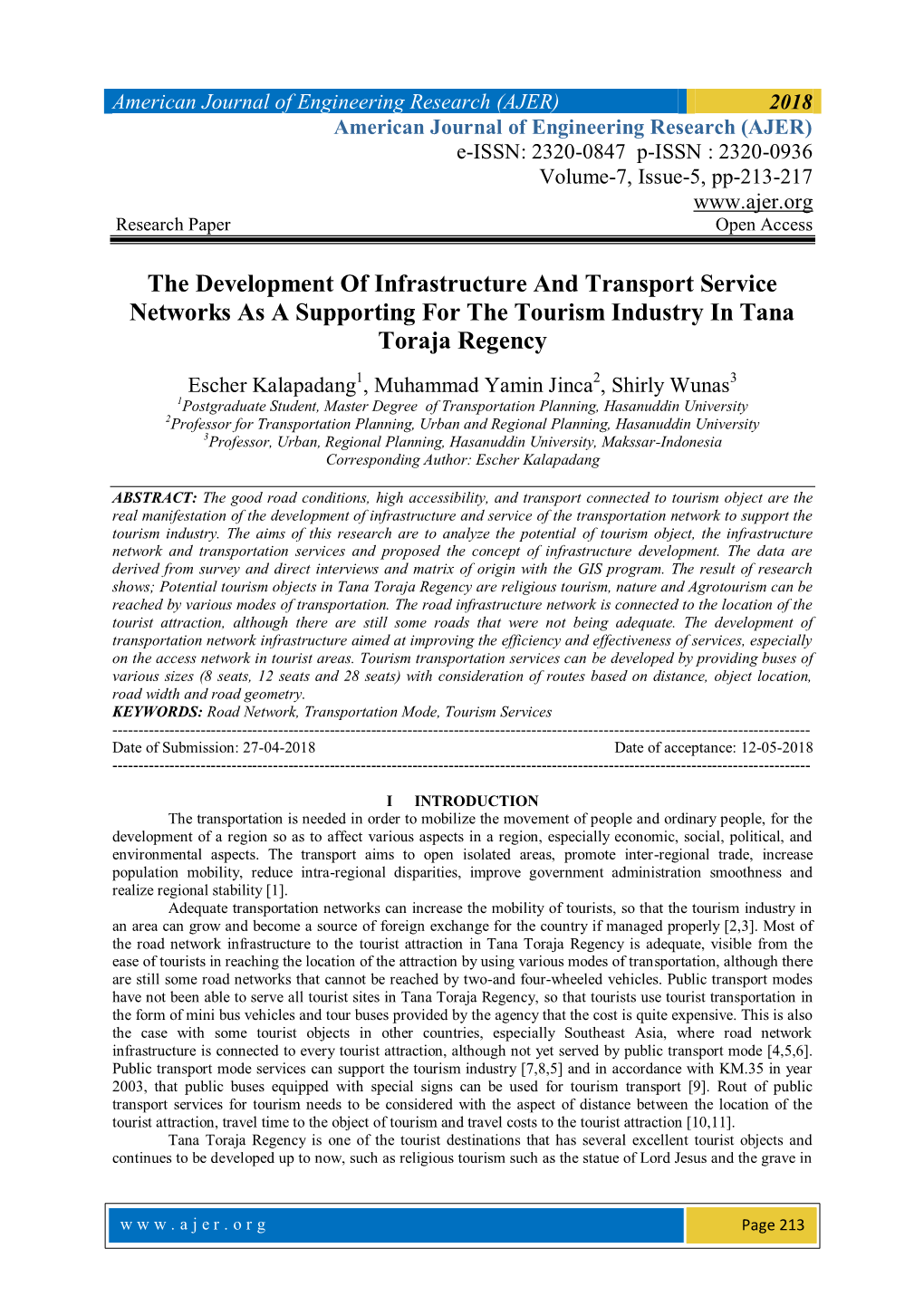 The Development of Infrastructure and Transport Service Networks As a Supporting for the Tourism Industry in Tana Toraja Regency