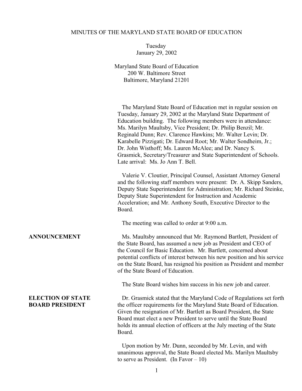 Minutes of the Maryland State Board of Education