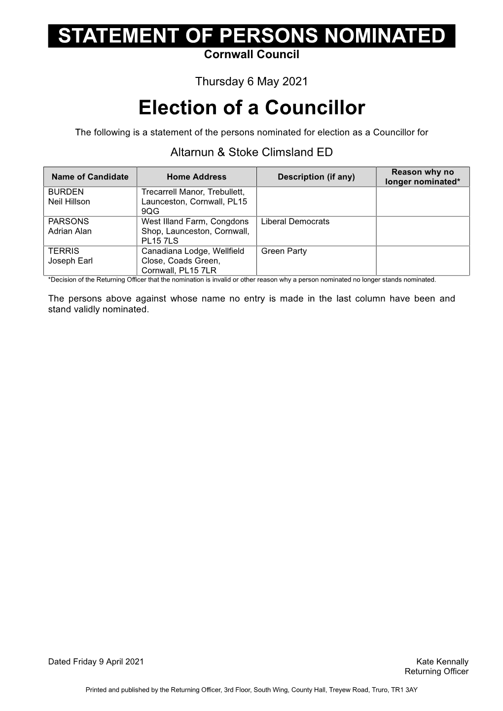 STATEMENT of PERSONS NOMINATED Election of a Councillor