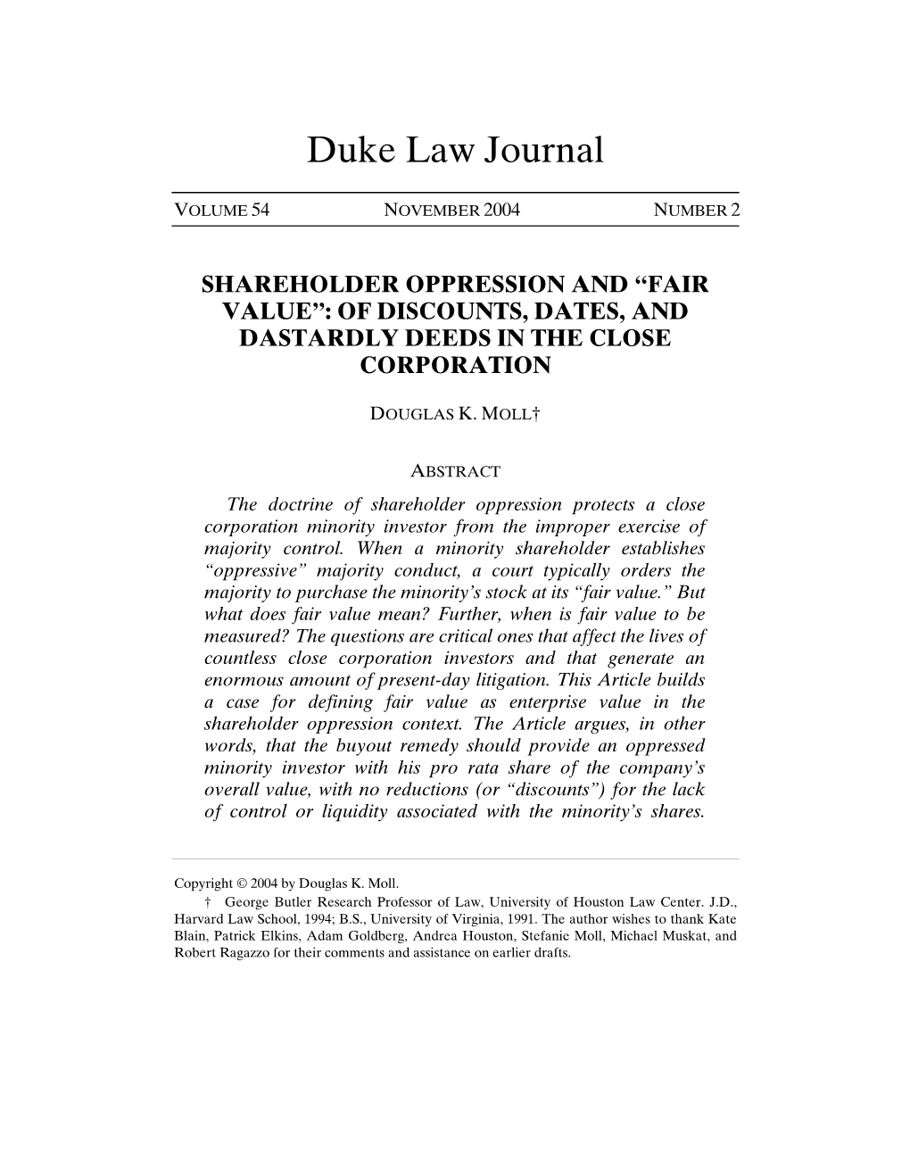 Shareholder Oppression and Â•Œfair Valueâ•Š: of Discounts, Dates, And