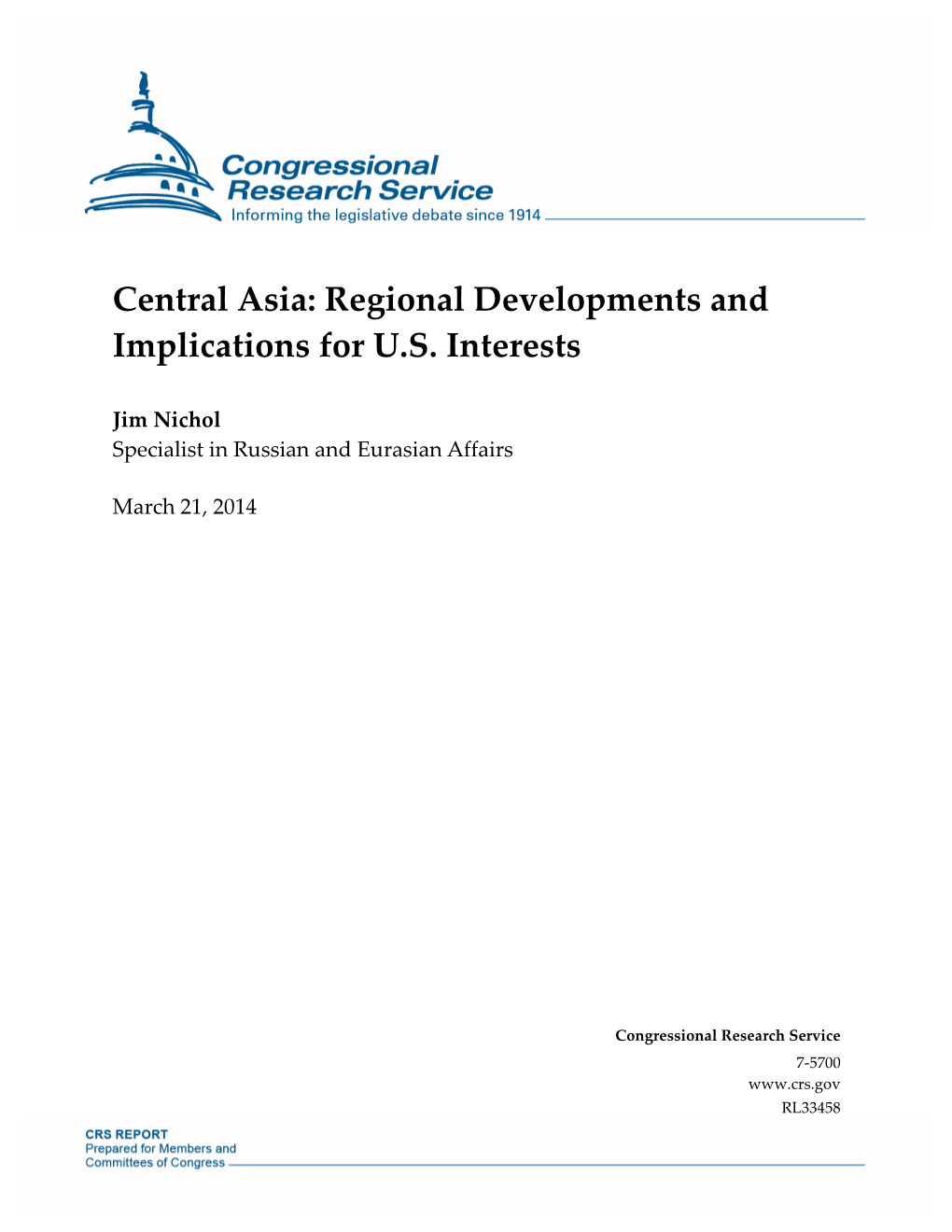 Central Asia: Regional Developments and Implications for U.S. Interests