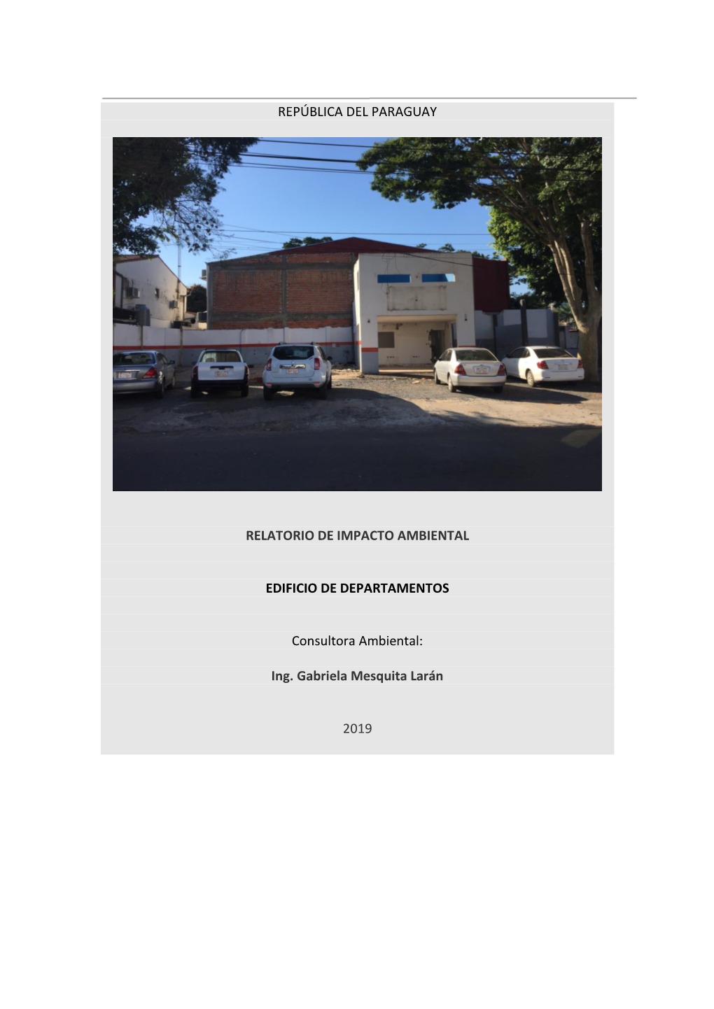 REPÚBLICA DEL PARAGUAY RELATORIO DE IMPACTO AMBIENTAL EDIFICIO DE DEPARTAMENTOS Consultora Ambiental: Ing. Gabriela Mesquita L