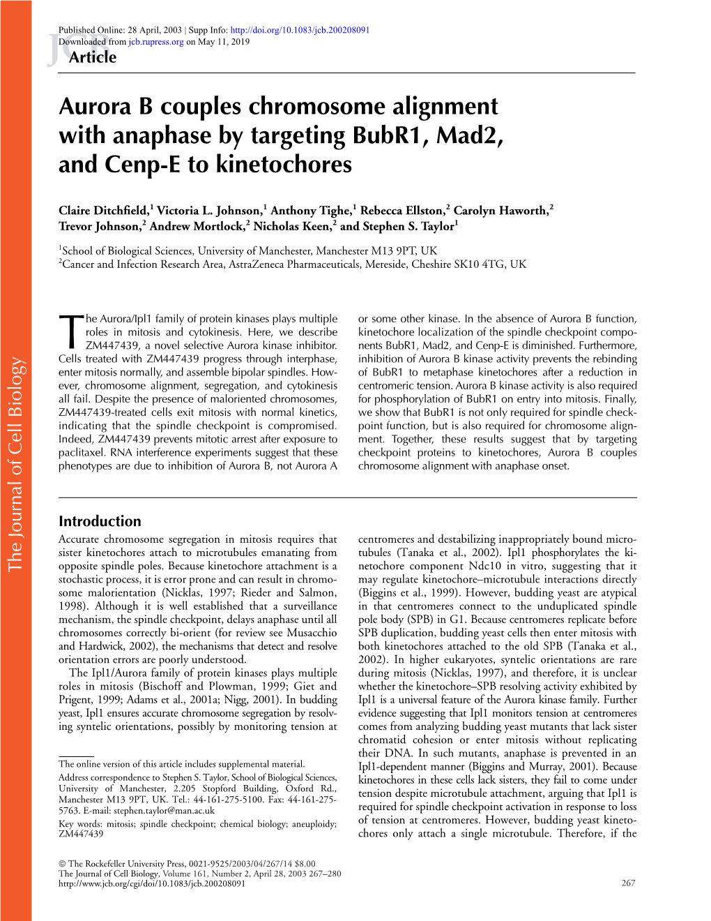 Aurora B Couples Chromosome Alignment with Anaphase by Targeting Bubr1, Mad2, and Cenp-E to Kinetochores