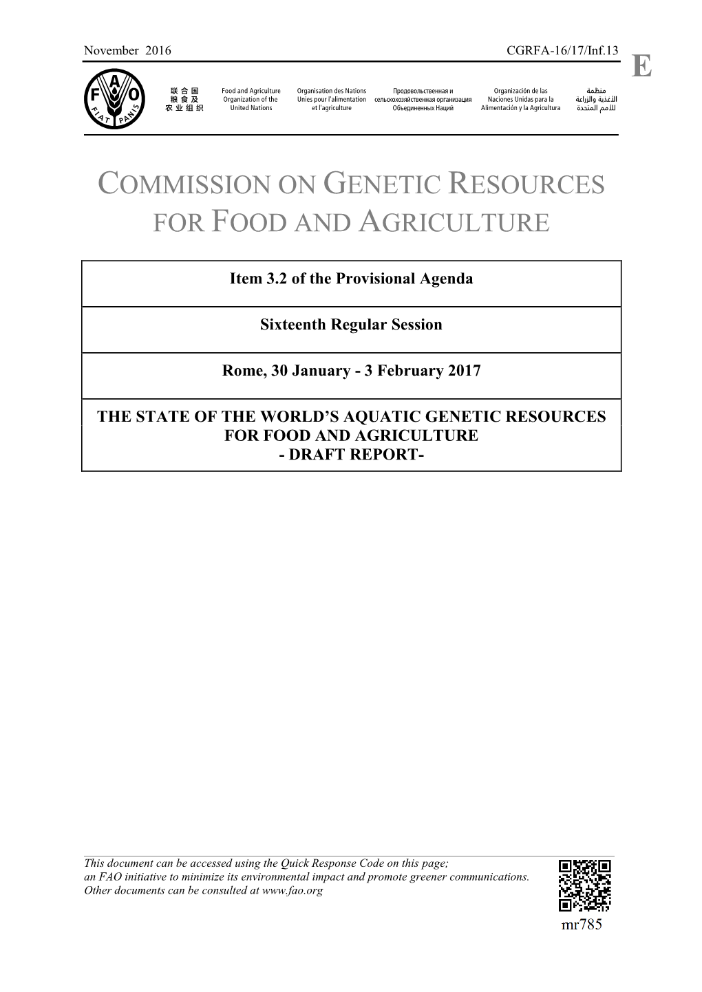 Aquatic Genetic Resources for Food and Aquaculture