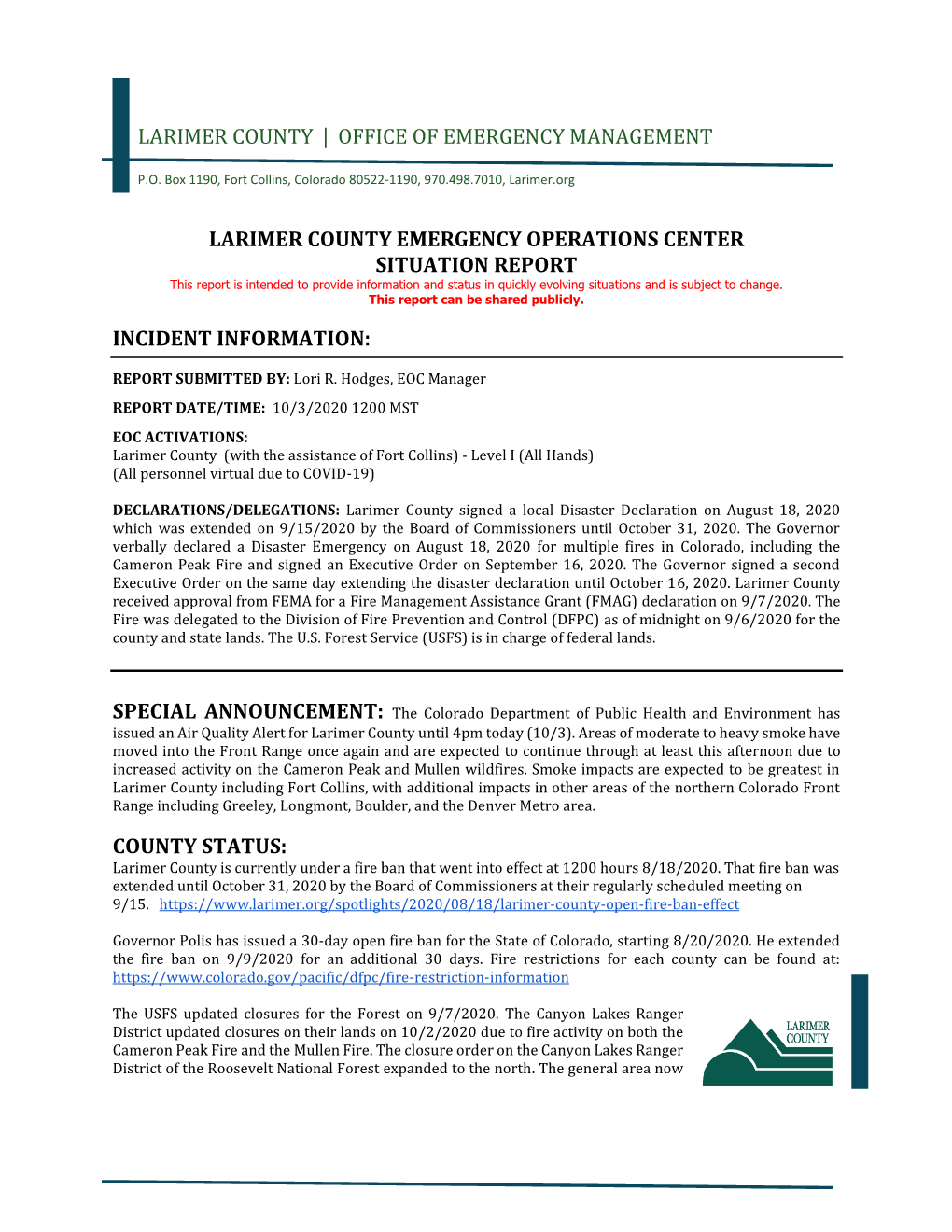 10.04.2020 Cameron Peak Fire EOC Situation Report