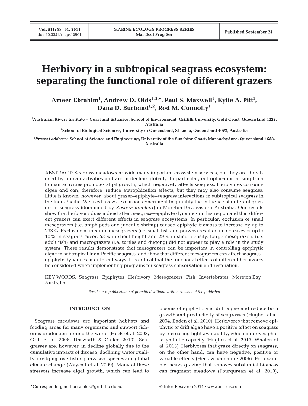 Herbivory in a Subtropical Seagrass Ecosystem: Separating the Functional Role of Different Grazers