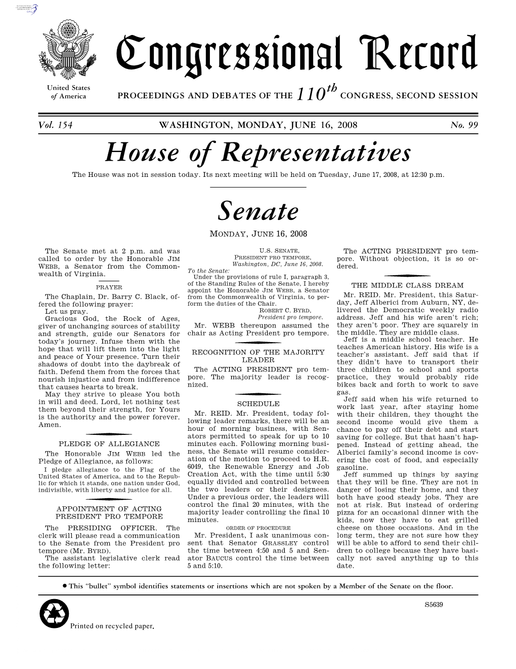 Congressional Record United States Th of America PROCEEDINGS and DEBATES of the 110 CONGRESS, SECOND SESSION