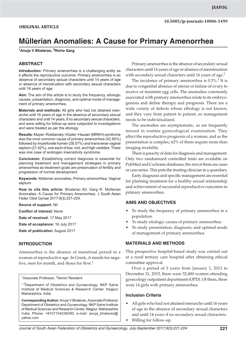 Müllerian Anomalies: a Cause for Primary Amenorrhea