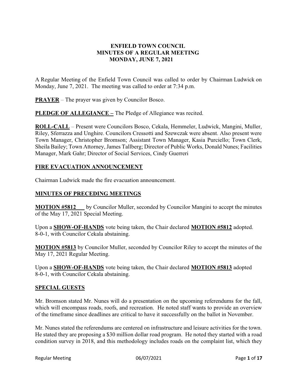 Enfield Town Council Minutes of a Regular Meeting Monday, June 7, 2021