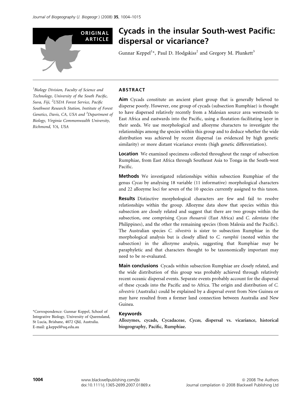 Cycads in the Insular South-West Pacific: Dispersal Or Vicariance?