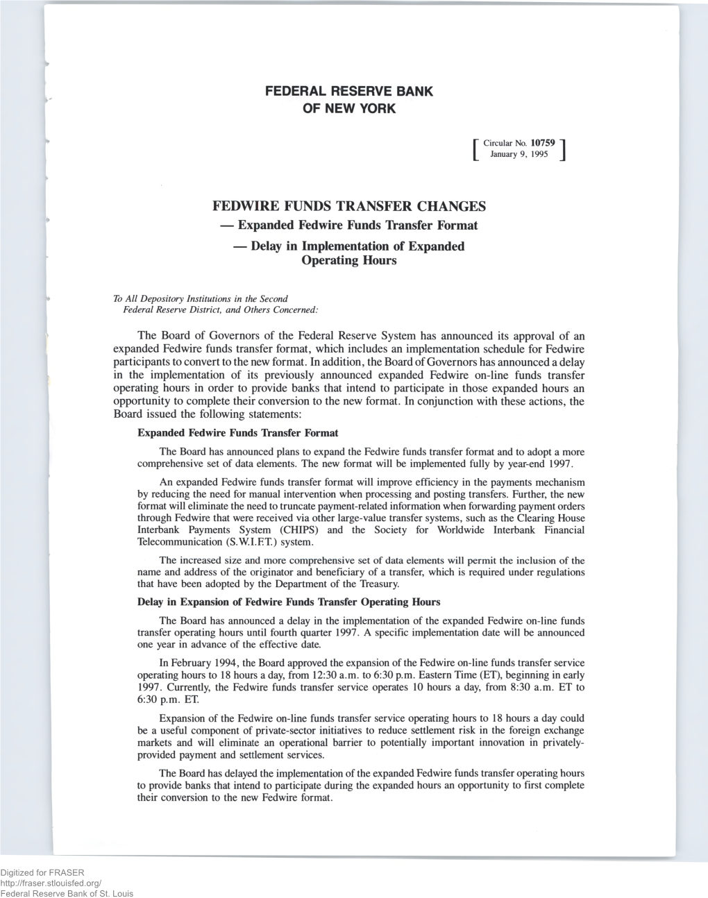 Federal Reserve Bank of New York Circulars: 10759. Fedwire Funds Transfer Changes