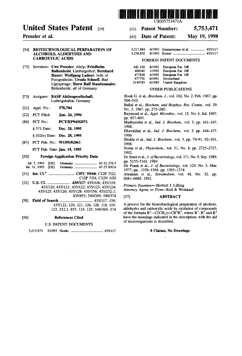 United States Patent (19) 11) Patent Number: 5,753,471 Pressler Et Al