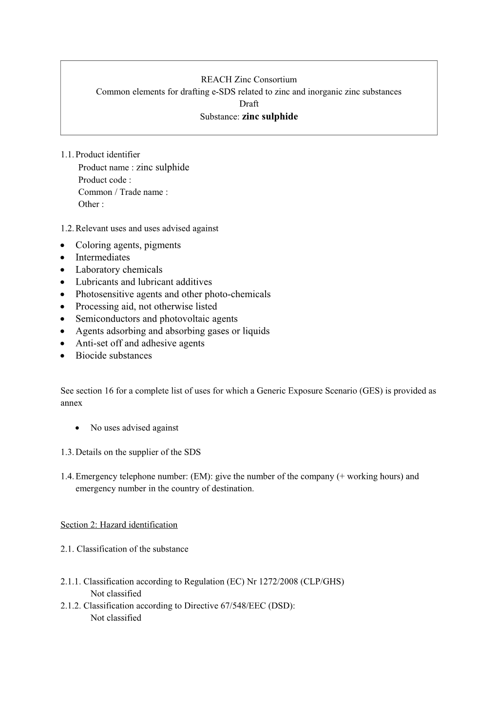 Common Elements for Drafting E-SDS Related to Zinc and Inorganic Zinc Substances