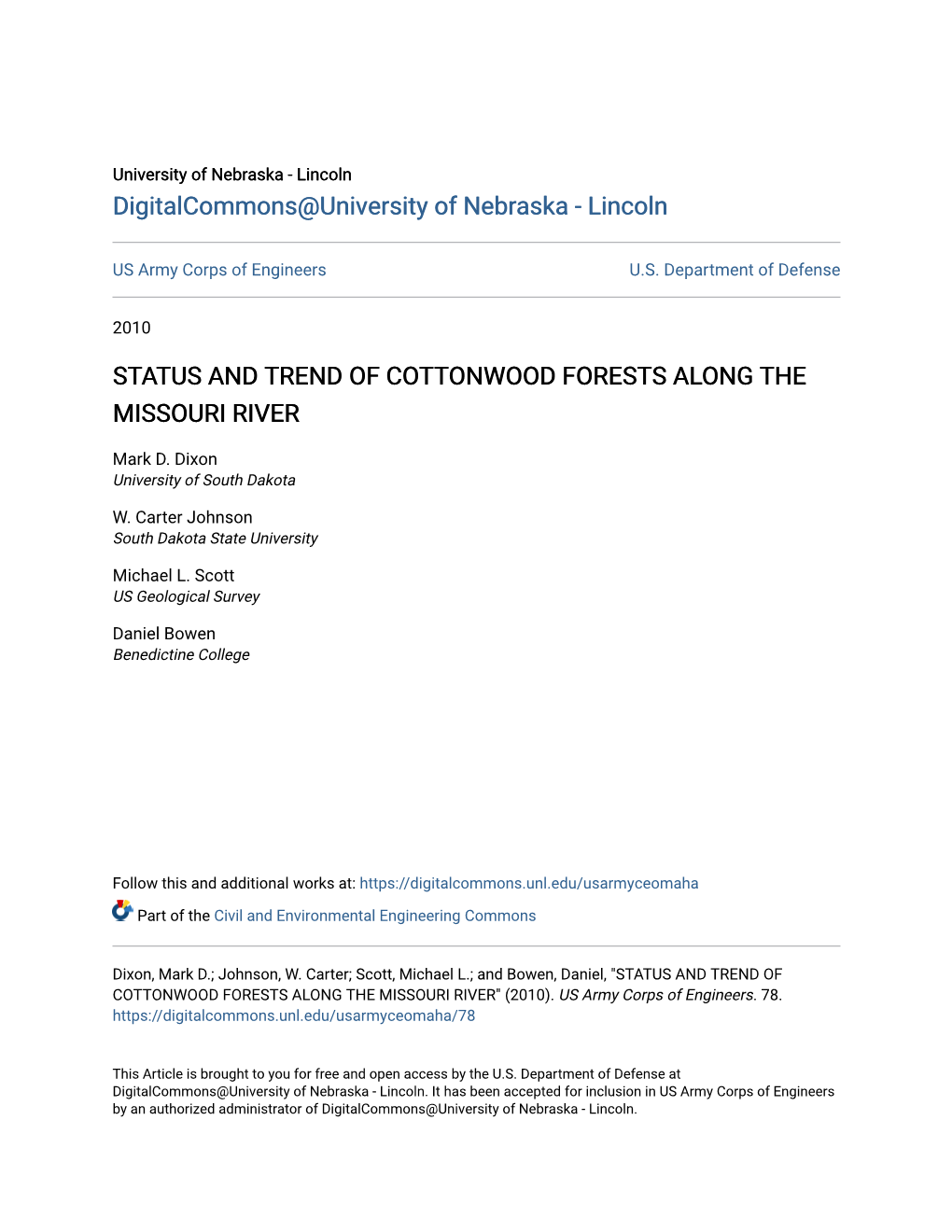 Status and Trend of Cottonwood Forests Along the Missouri River