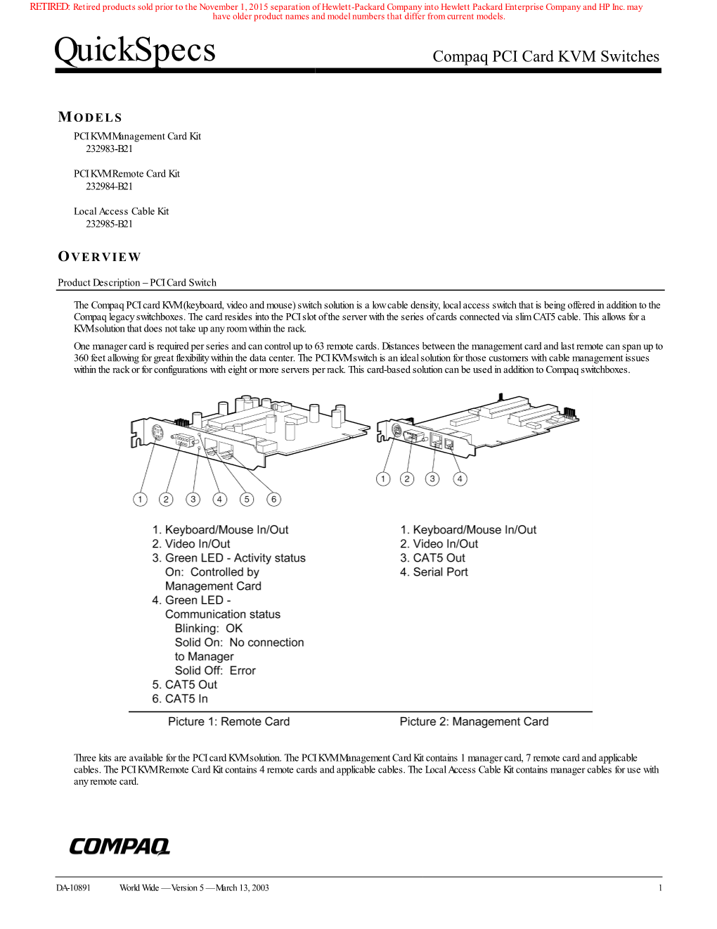 Quickspecs Compaq PCI Card KVM Switches