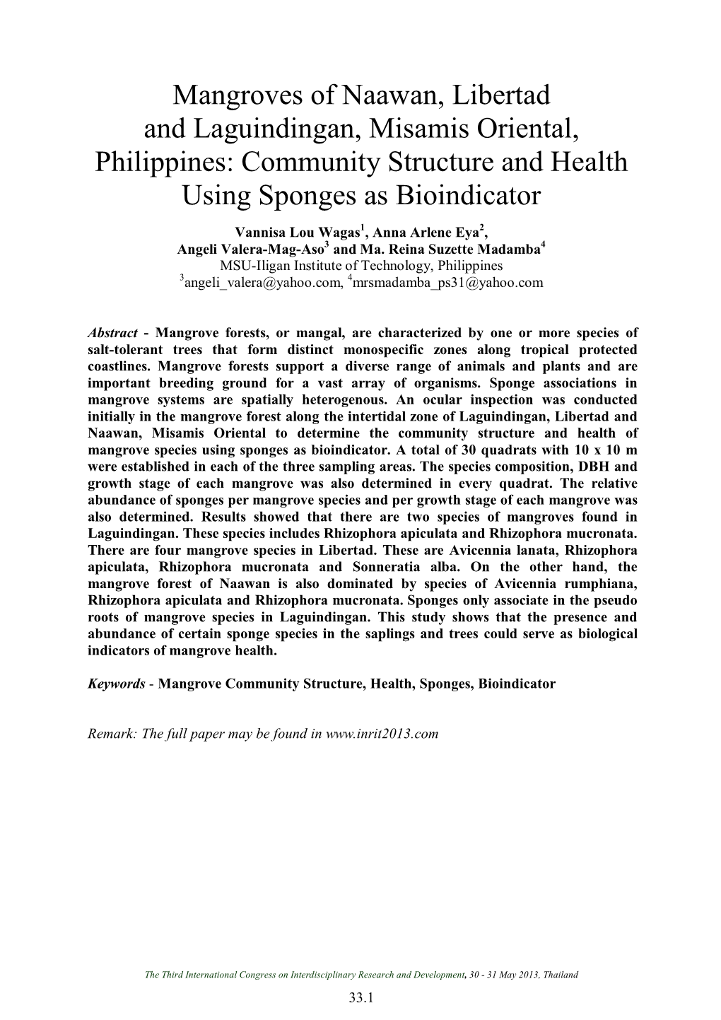 Mangroves of Naawan, Libertad and Laguindingan, Misamis Oriental, Philippines: Community Structure and Health Using Sponges As Bioindicator