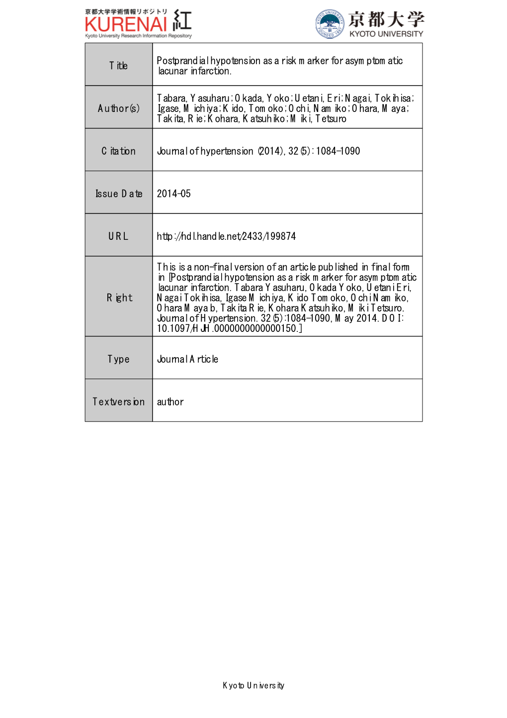 Postprandial Hypotension As a Risk Marker for Asymptomatic Title Lacunar Infarction